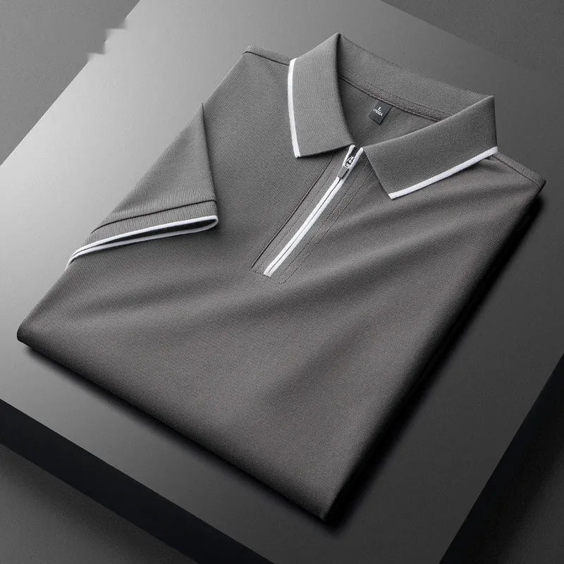 Men's lapel collar short sleeve casual top in cotton blend fabric, slim fit design