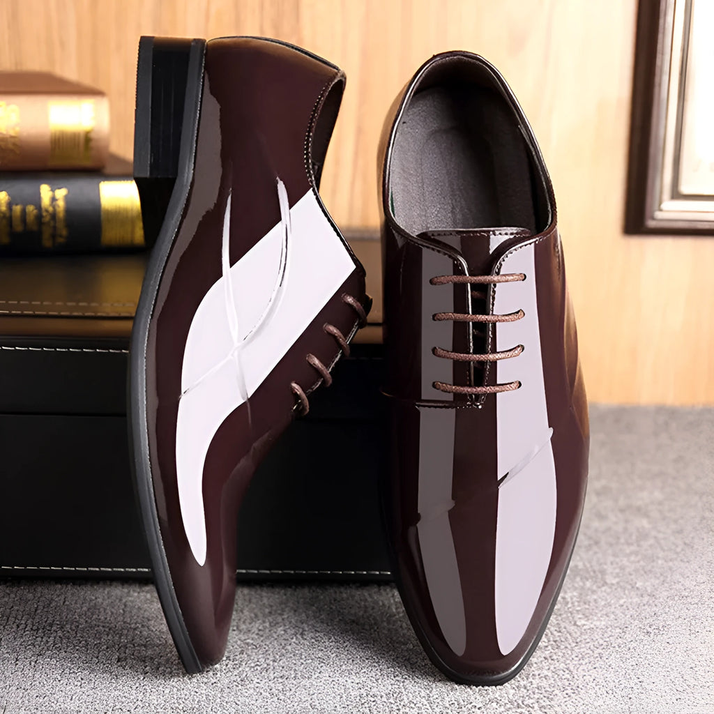 Men's black and brown business formal shoes with tip toe bracket design and artificial PU upper material