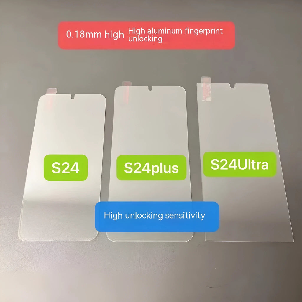 Tempered glass screen protector for Samsung mobile phones showing HD clarity and full-screen coverage.