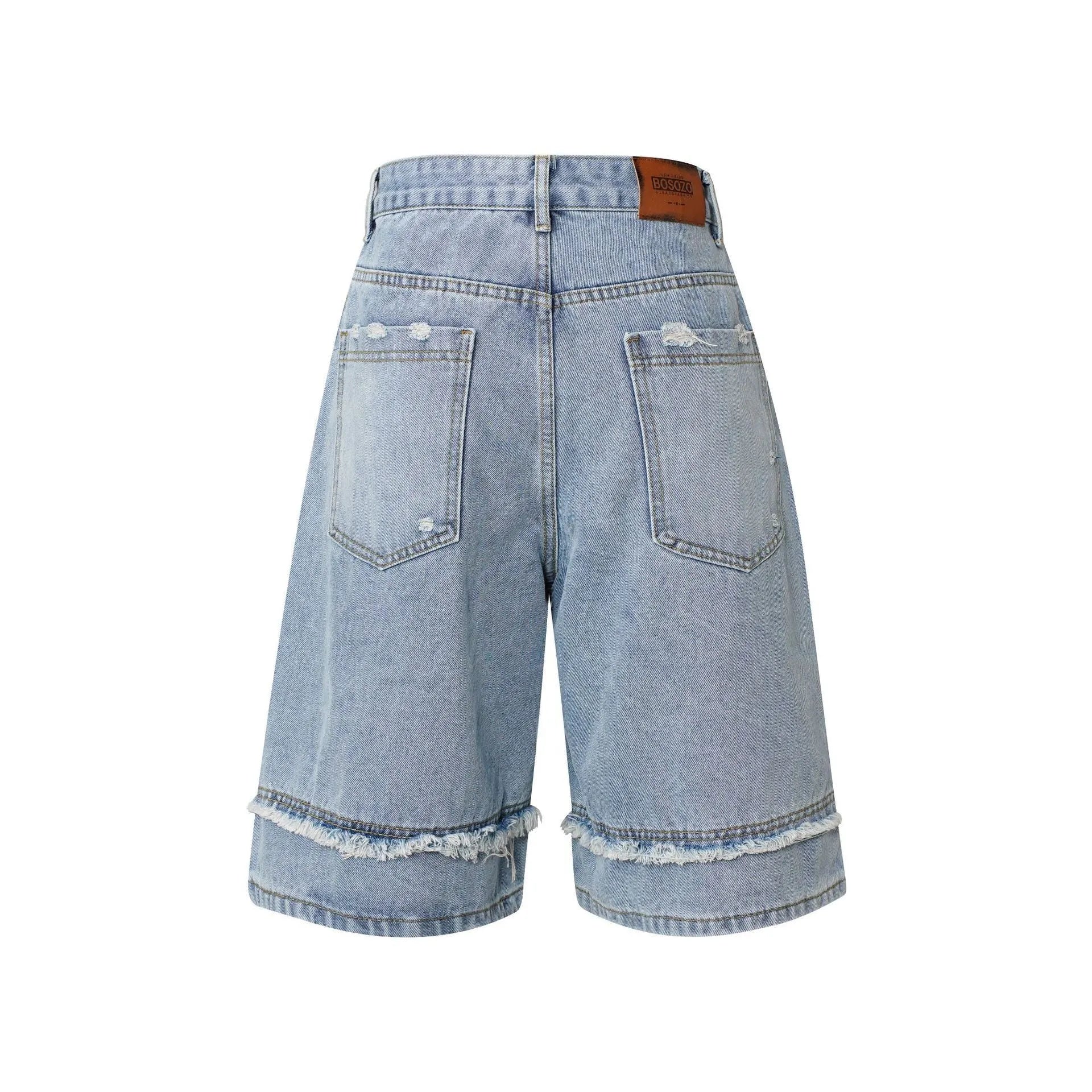 American Pu Shuai distressed denim shorts with raw-edge hems in straight-leg cropped style