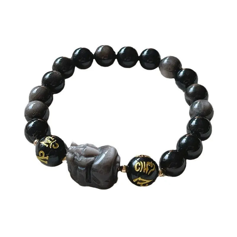 Men's silver stone bracelet with zodiac engravings and beaded design in Chinese style