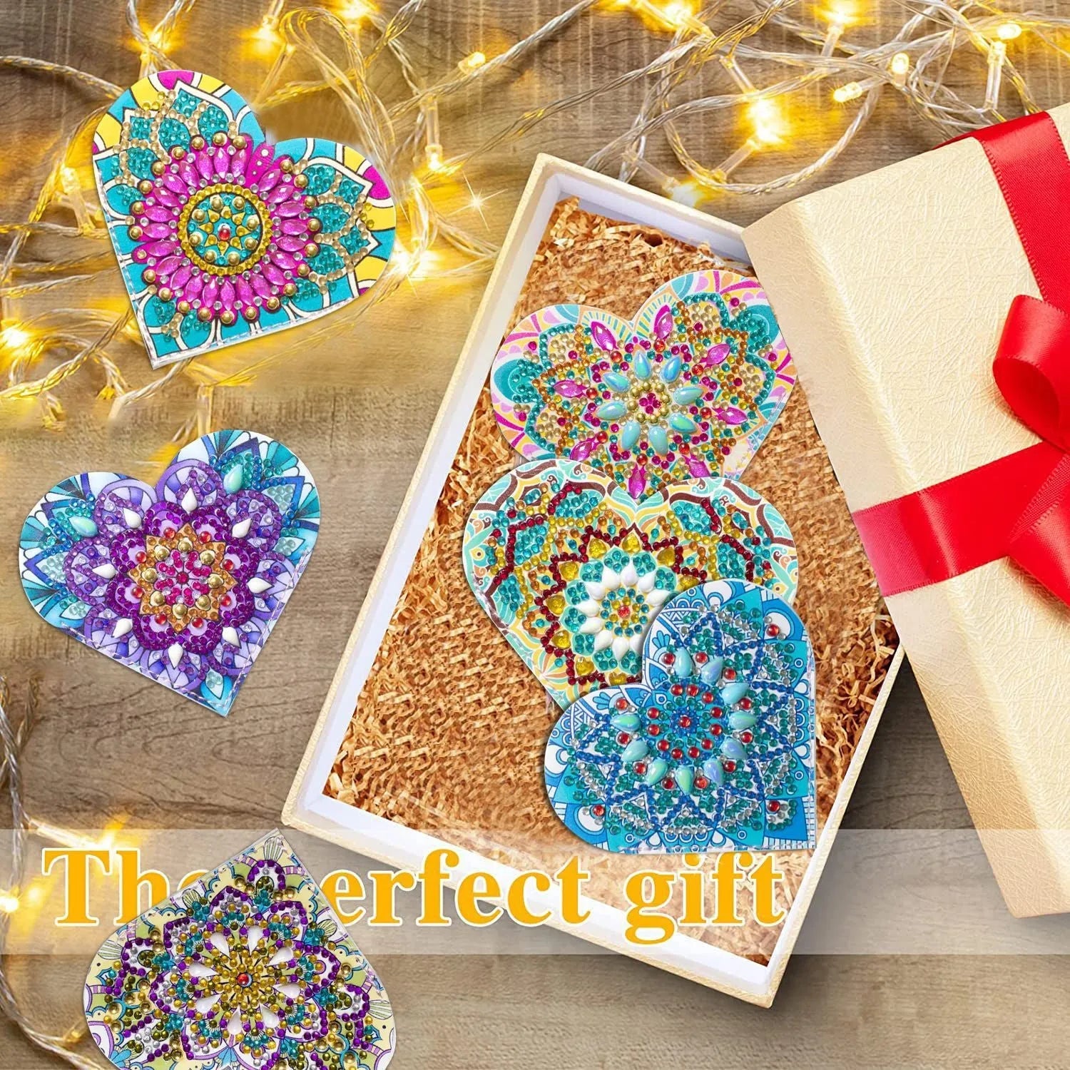 Six PU leather handmade bookmarks with floral cornerite patterns and stick-on crystals for page marking