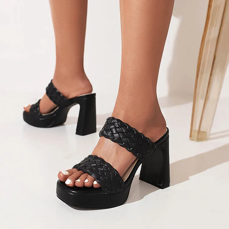 Round toe open toe high heel sandals with woven foot, chunky platform, white or black PU upper and rubber sole.