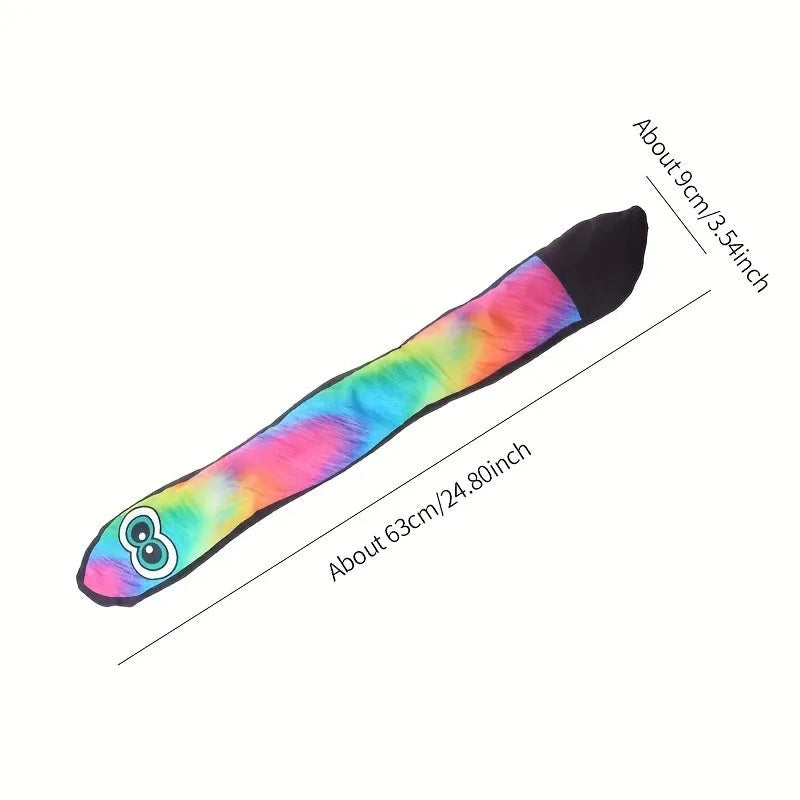 Multicolour snake-shaped plush dog squeaky toy with stripe print and no internal filling