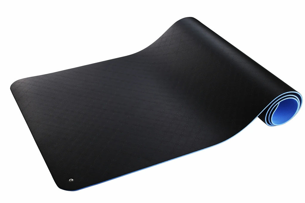 Blue conductive yoga mat with plants pattern, grounding wire, and 182 cm length for tall users
