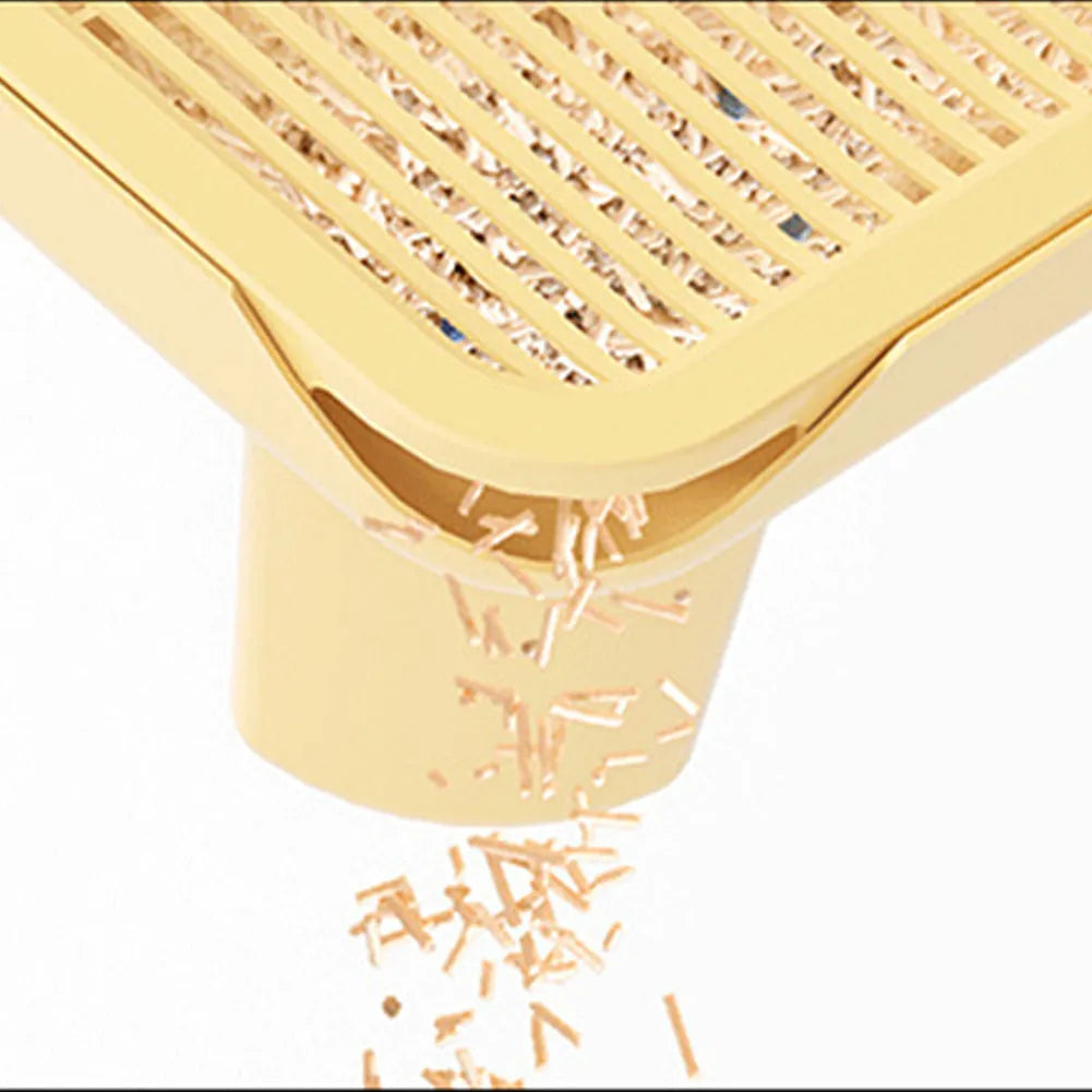 Large plastic cat litter mat with double-layer design and anti-slip feet in milk yellow colour.
