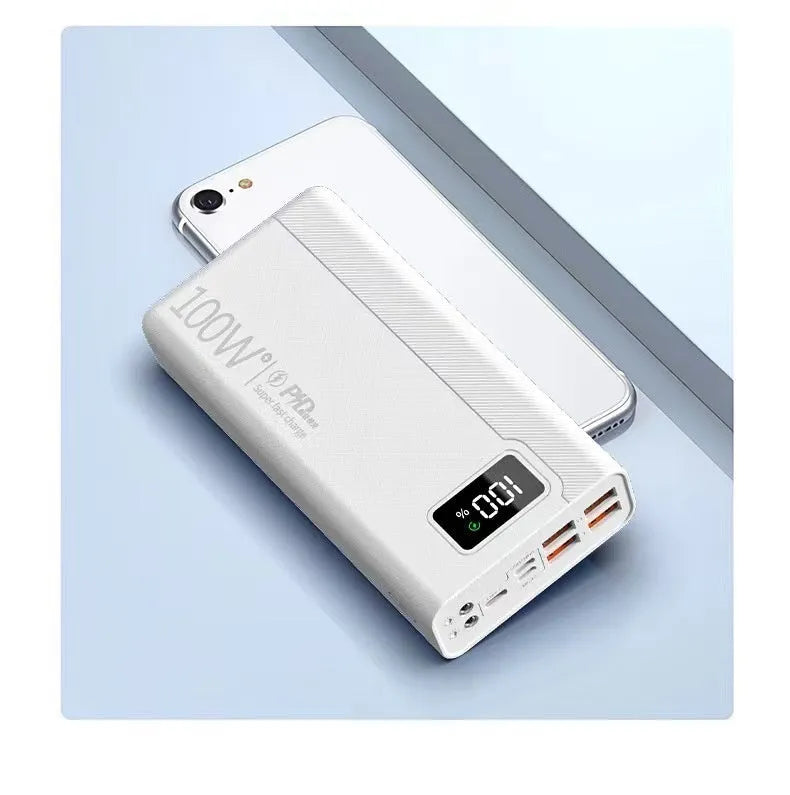 Black or white power bank measuring 150x76mm with capacity options from 20000 to 50000 mAh supporting fast charging
