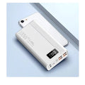 Black or white power bank measuring 150x76mm with capacity options from 20000 to 50000 mAh supporting fast charging