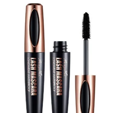 Black waterproof mascara tube for thick, curled lashes with opp bag packaging.