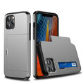 Mobile phone case with sliding cover card holder in matte finish, showing raised lips for screen protection