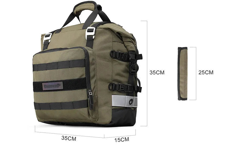 20-litre quick-release motorcycle side bag in black or army green polyester construction