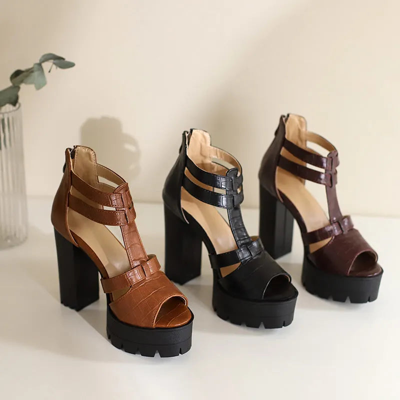 Round toe platform high heel sandals with back zipper in black, wine red, and yellow colours