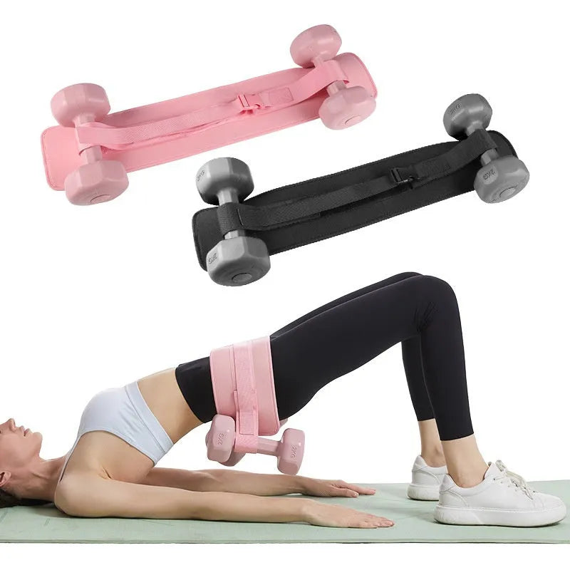 Black or Pink hip bridge training strap for lumbar support with dumbbells and barbells.