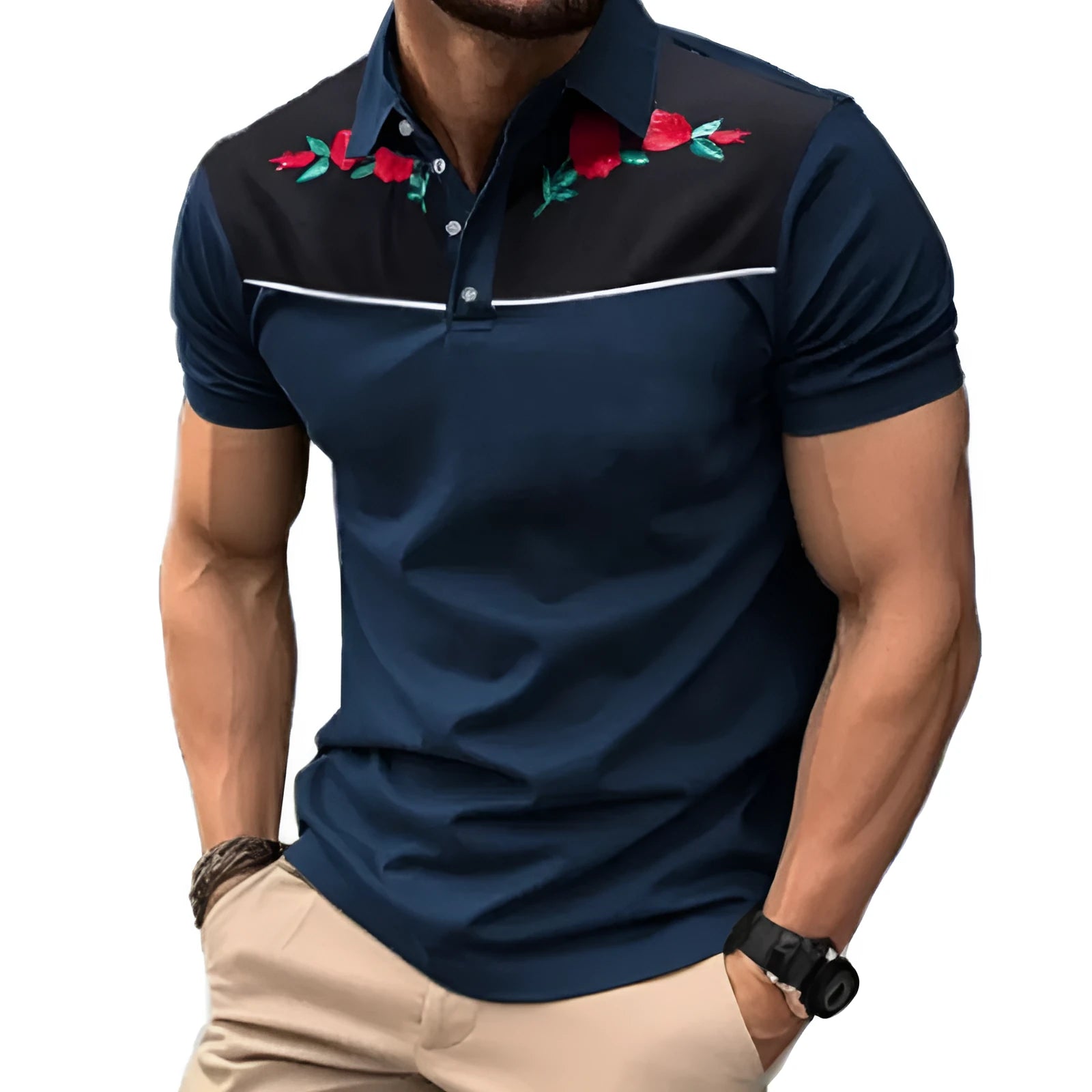 Man modelling a grey short sleeve mesh polo shirt with silver zipper decorations on the front.