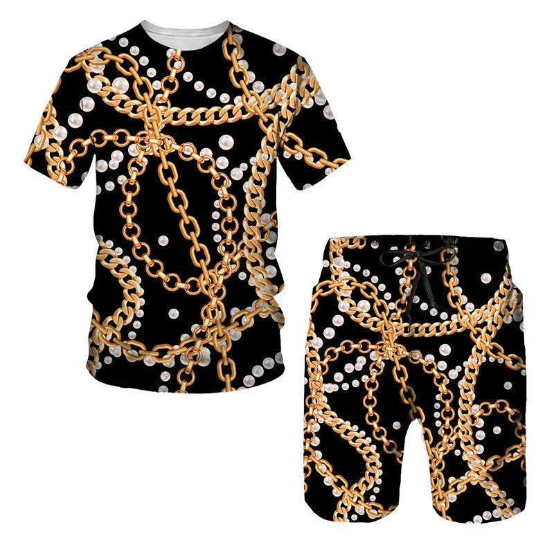 Men's chain pattern digital printed T-shirt and shorts lounge set in summer fabric