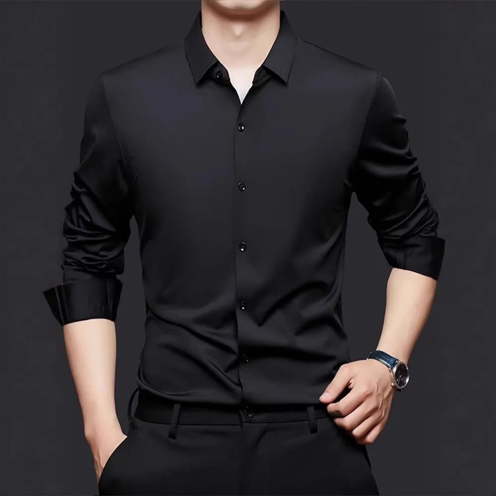 Seamless long sleeve anti-wrinkle shirt in elastic spandex fabric available in multiple colours