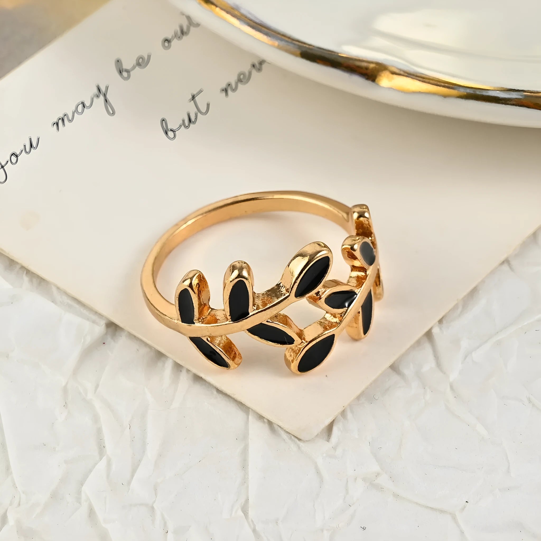 Gold electroplated acrylic leaf geometric ring with flower shape and botanical design
