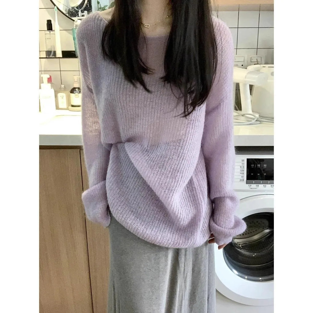 Women's round neck purple blouse with princess sleeves in Ice Silk fabric