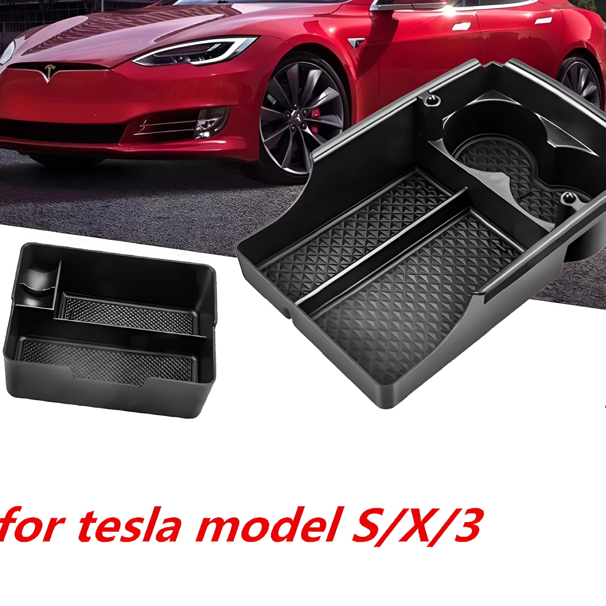 Plastic storage box organiser for Tesla Model 3, Model X, and Model S centre console.