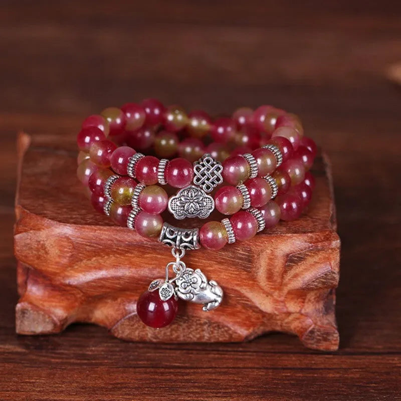 Handcrafted watermelon crystal bracelet with Chinese knot in 6mm or 8mm bead sizes