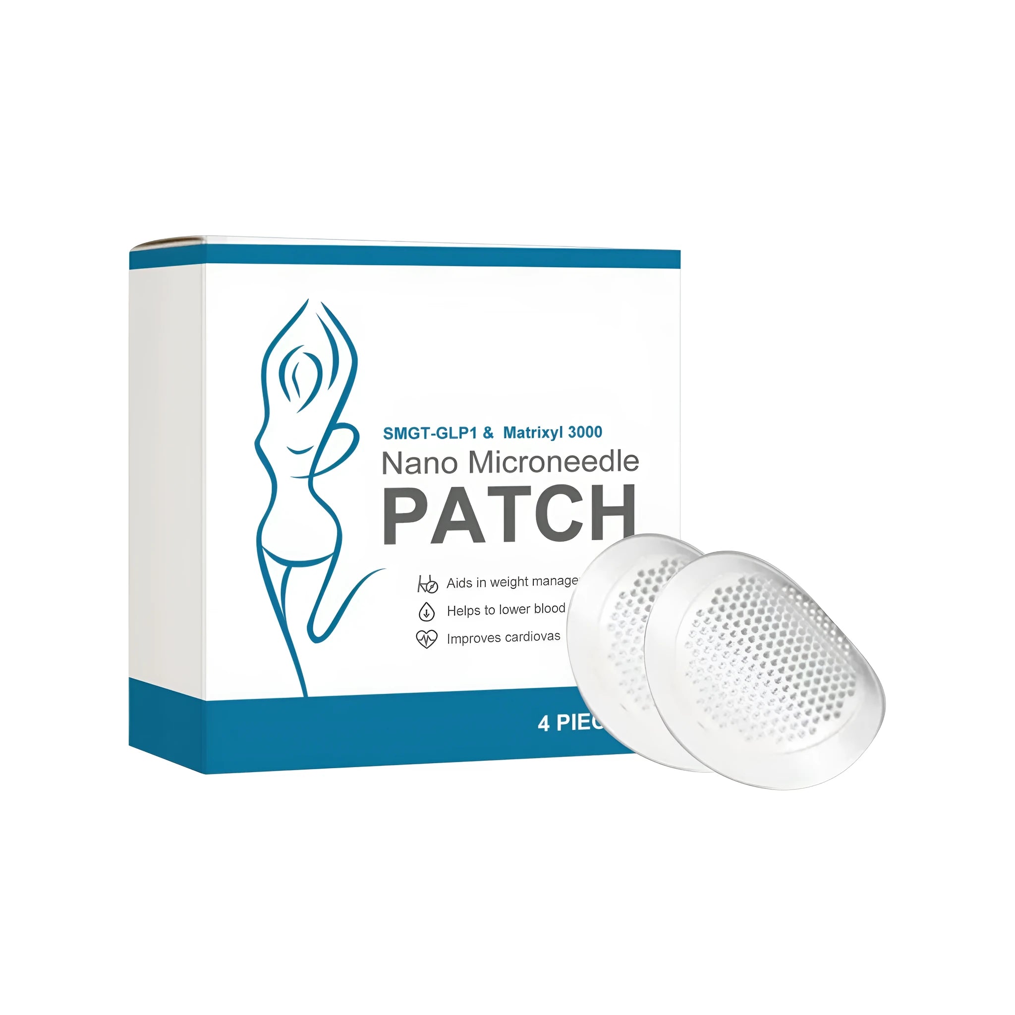 Pack of four Body Shaping Microneedle Patches on a white background.