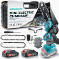 Handheld wireless electric chainsaw with 6-inch cutting chain, two batteries, safety goggles, and storage box