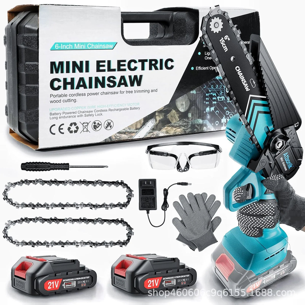 Handheld wireless electric chainsaw with 6-inch cutting chain, two batteries, safety goggles, and storage box