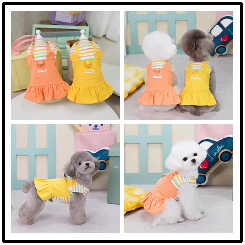 Orange and yellow striped patchwork cotton skirt for dogs on mannequin