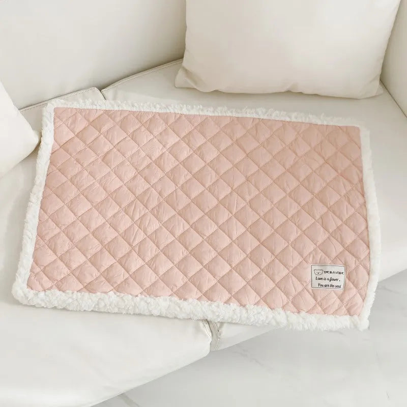 Blue warm terry cloth pet blanket for cats, shown flat with size options M, L, and XL.