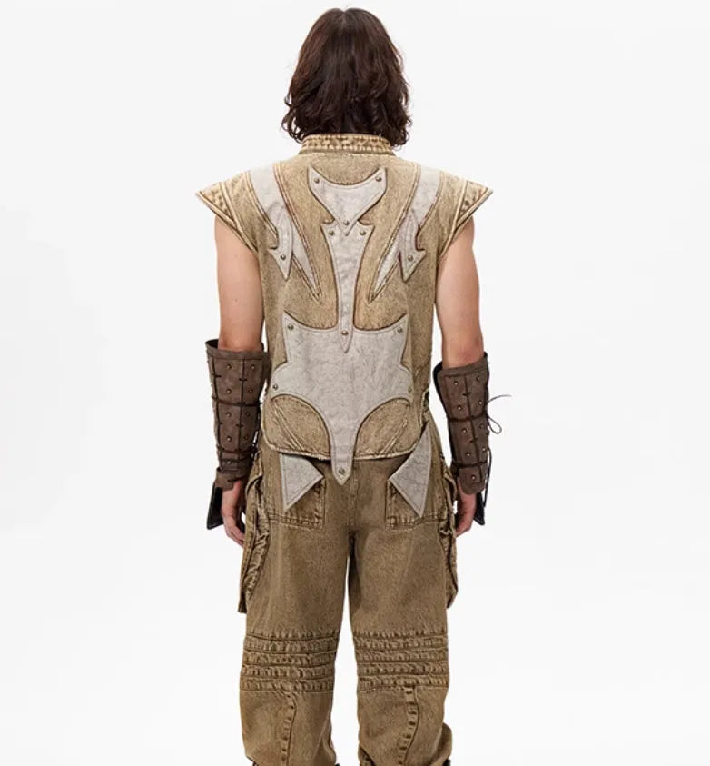 Korean style light denim pleated vest for men on a hanger, showing front detail.