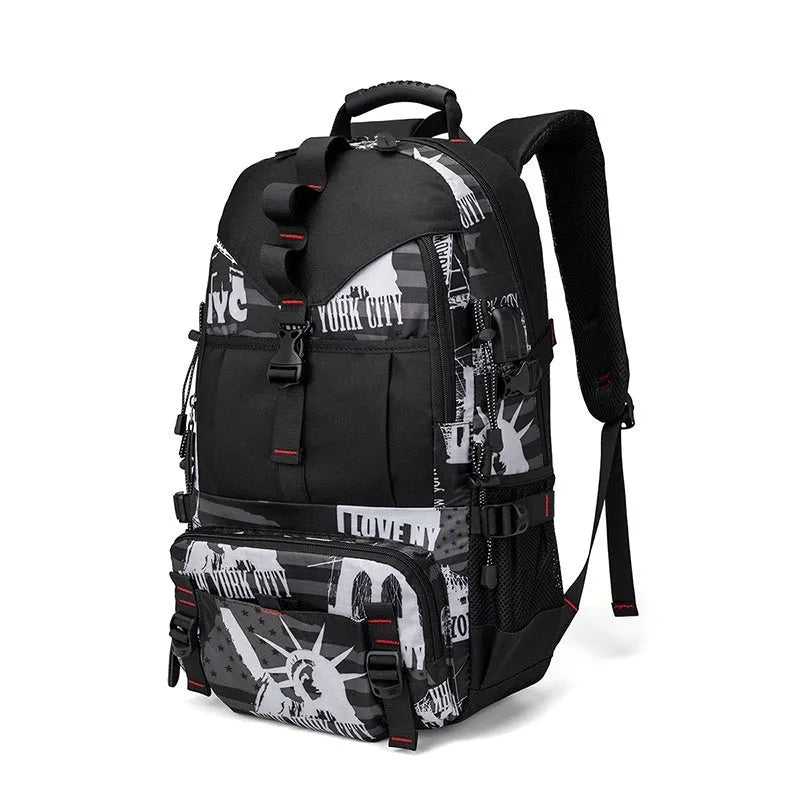 Men's waterproof Oxford cloth hiking backpack with 56-75 litre capacity and air pillow belt system in black colour