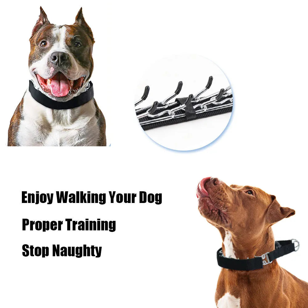 Dog training stimulation chain collar with spiked design in black, reflective blue, and reflective green colour options