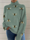 Women's loose-fit Christmas printed turtleneck sweater in macaron colours with painting pattern and long sleeves