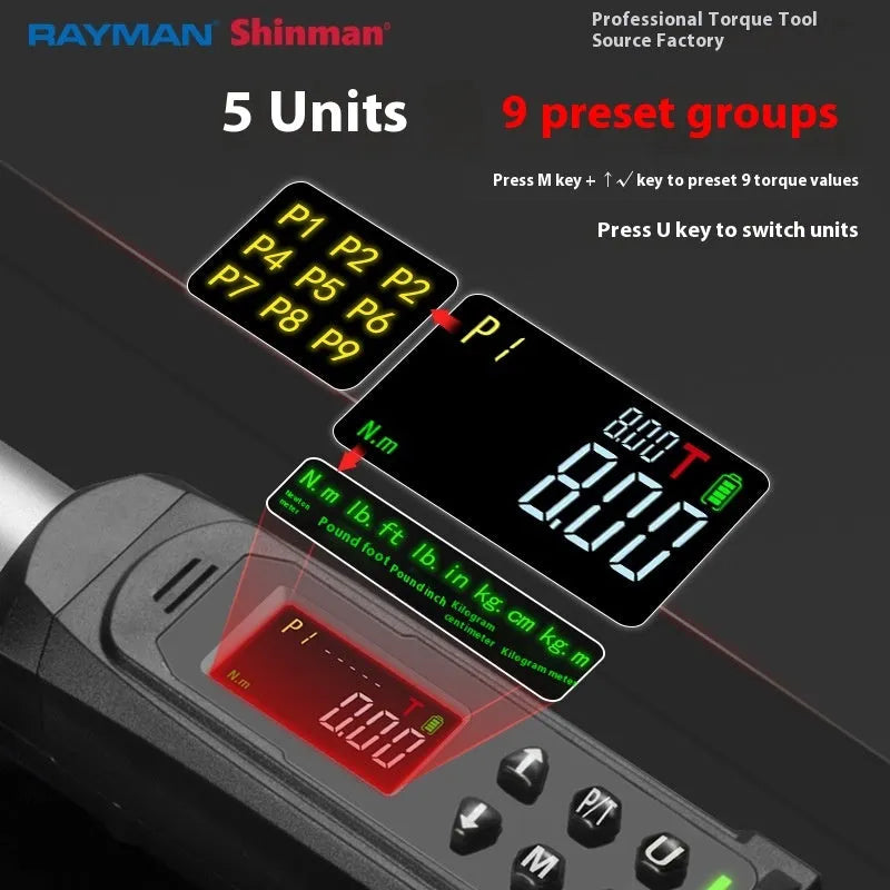 Electronic digital display torque wrench showing torque measurement with triple warning indicators
