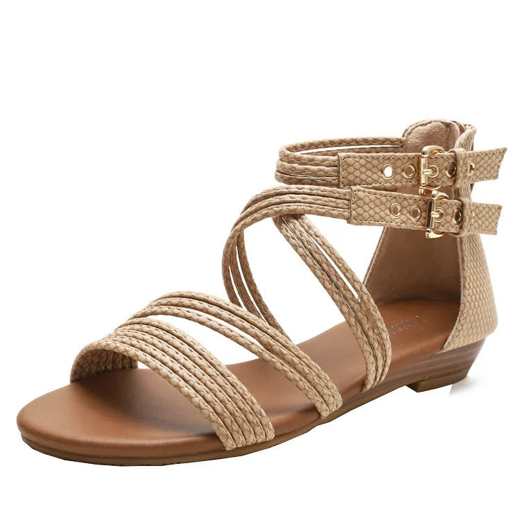 Women's open toe Roman sandals with cross straps, buckle, thick rubber sole, and a back zipper in light green.