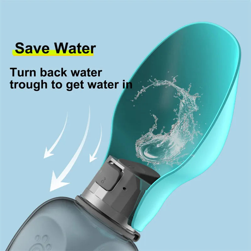 Blue grey portable dog water bottle with foldable drinking bowl extended, showing 800ml capacity.