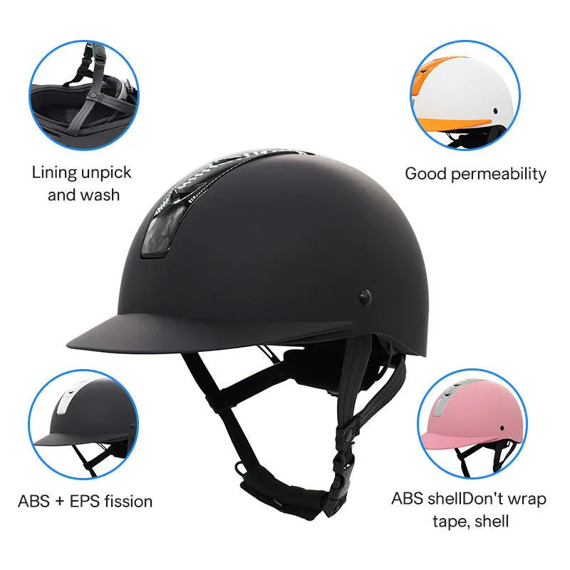 Lightweight equestrian helmet in silver black colour with ABS shell, shown from side view