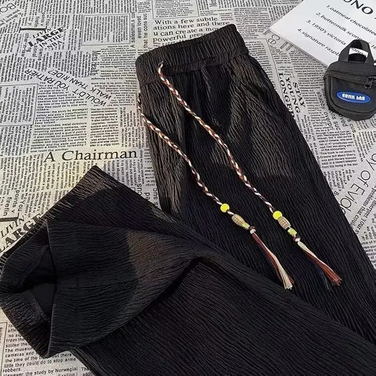 Men's Korean style summer trousers in loose straight-leg fit with drooping texture detail