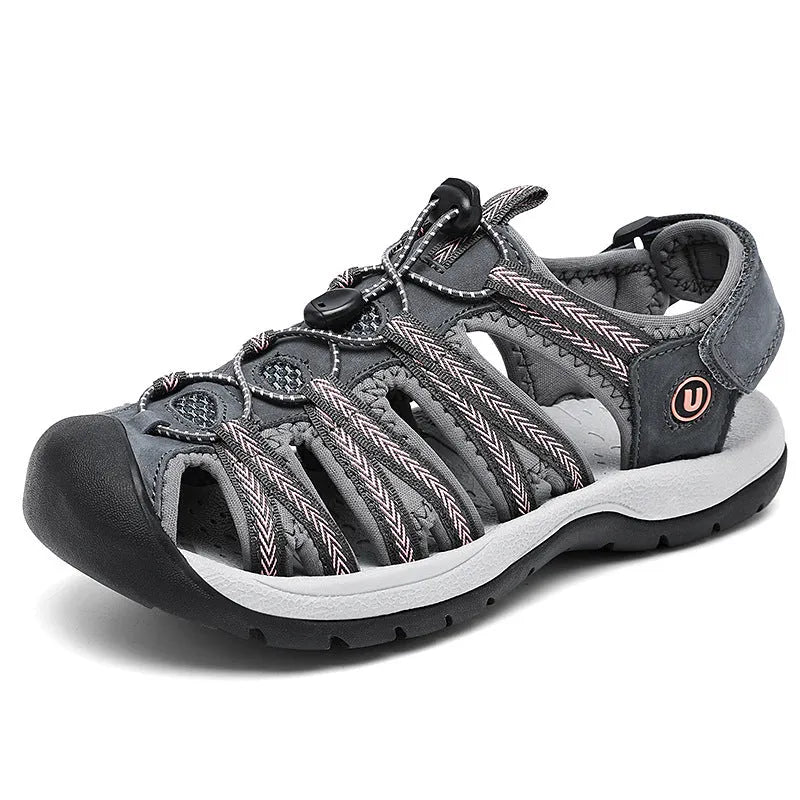 Women's black leather mesh sandals with elastic band and rubber sole, shown in size 38.