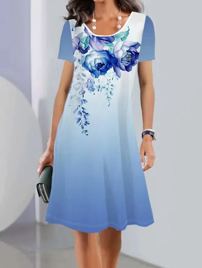 Women's mid-length A-line dress with painted plant and flower pattern, short sleeves, round neckline on Ice Silk fabric