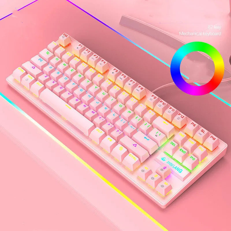 Mechanical keyboard in black, blue, pink, or white with ABS plastic and simple design, showing style options A, B, K2, K2 British