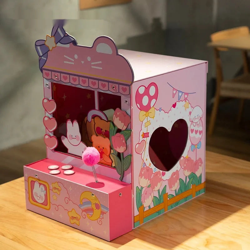 Pink three-in-one tulip clip cat nest crane machine, 35 x 34.5 x 53.5cm, Japanese-style cat villa in grey board and corrugated paper