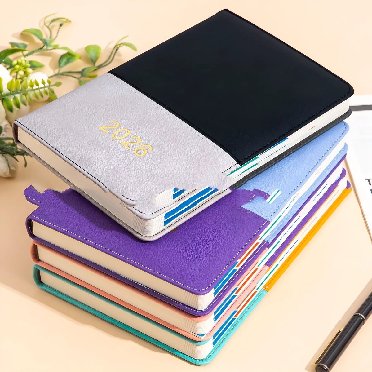 A5 schedule book with waist seal and imitation leather cover in black gray, yellow green, blue purple, or pink purple
