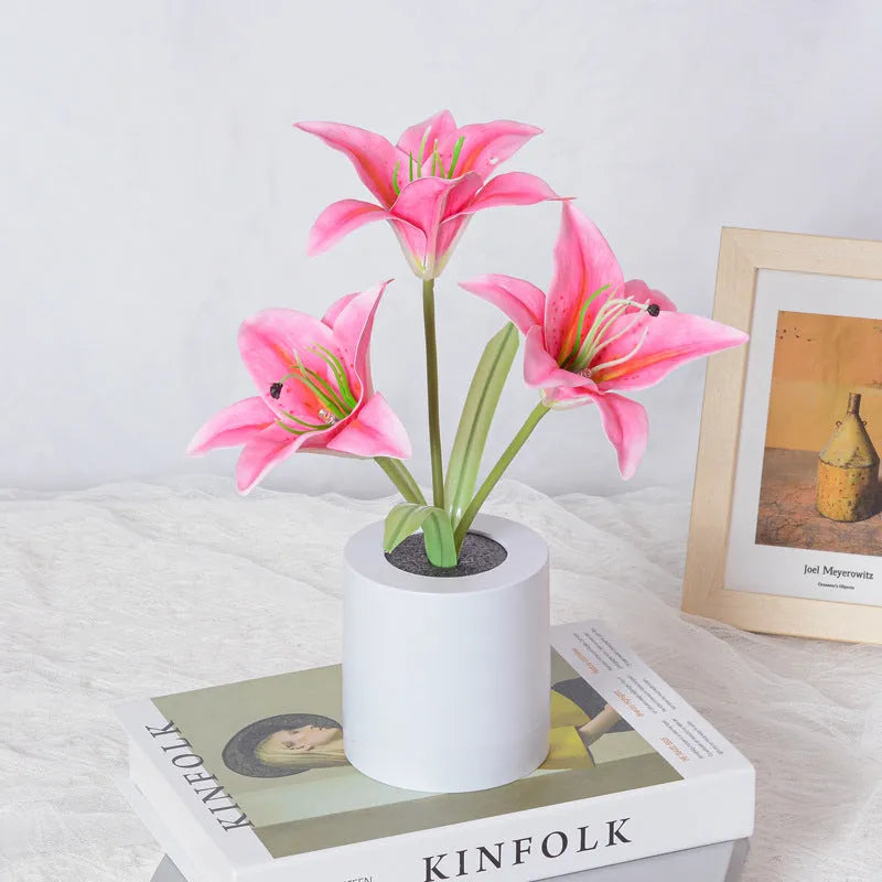 Rechargeable LED lily flower pot lamp in lily-white or lily-pink, flower-shaped ambience light with 300W rating