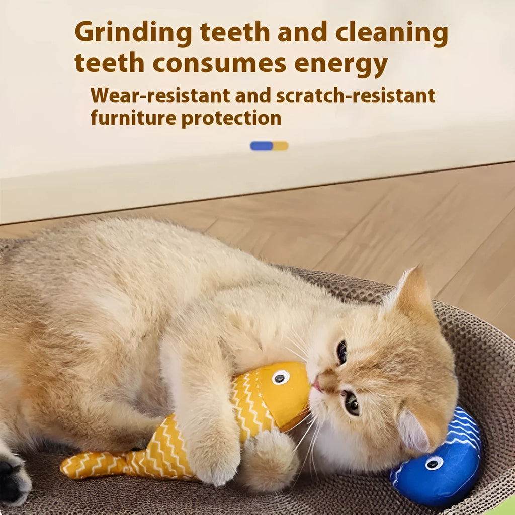 Blue and yellow fish-shaped cat toys in large and medium sizes on a plain background.
