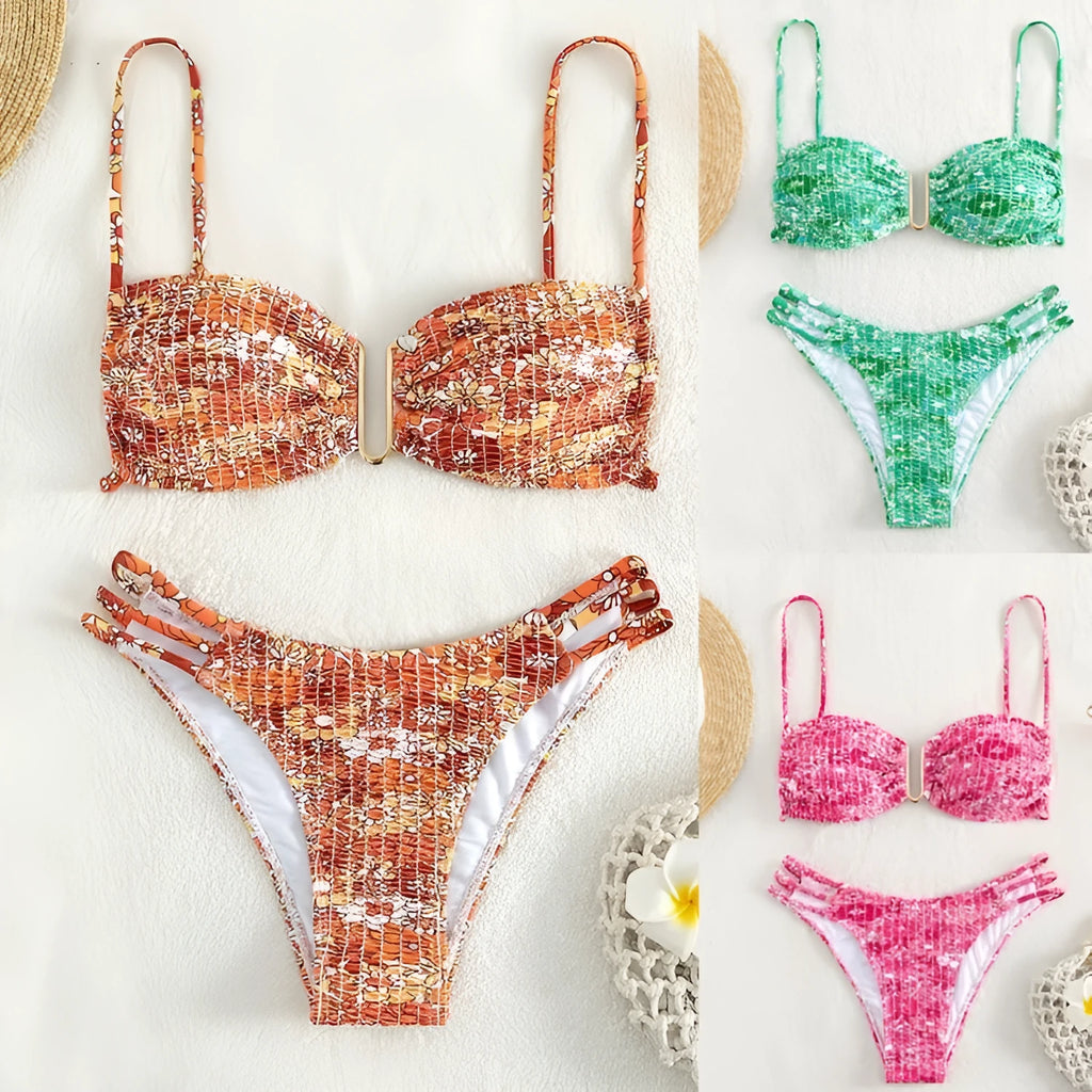 Women's floral high-waist bikini swimsuit set in solid blue colour with matching bra.