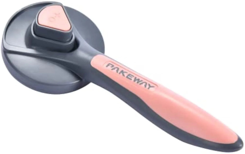 Self-cleaning slicker brush for cats and dogs in grey, green, or pink with massage bristles and comfort-grip handle
