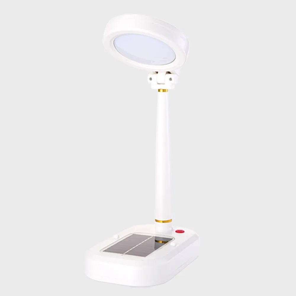 Ivory white solar table fan with LED study lamp showing dual-function design and button controls