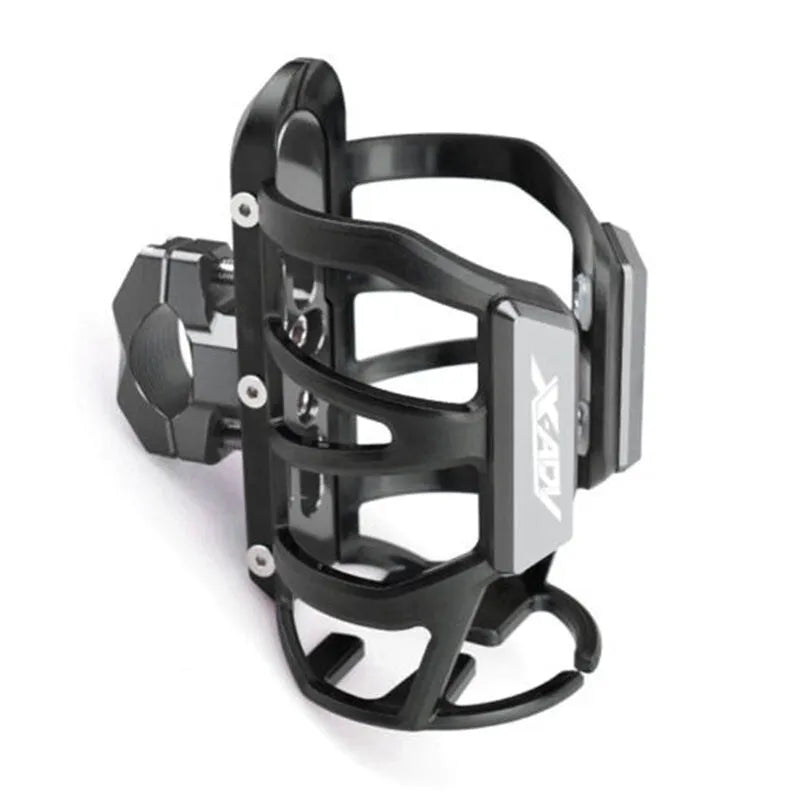Modified water bottle cage mounted on Honda X-ADV scooter bumper in titanium colour