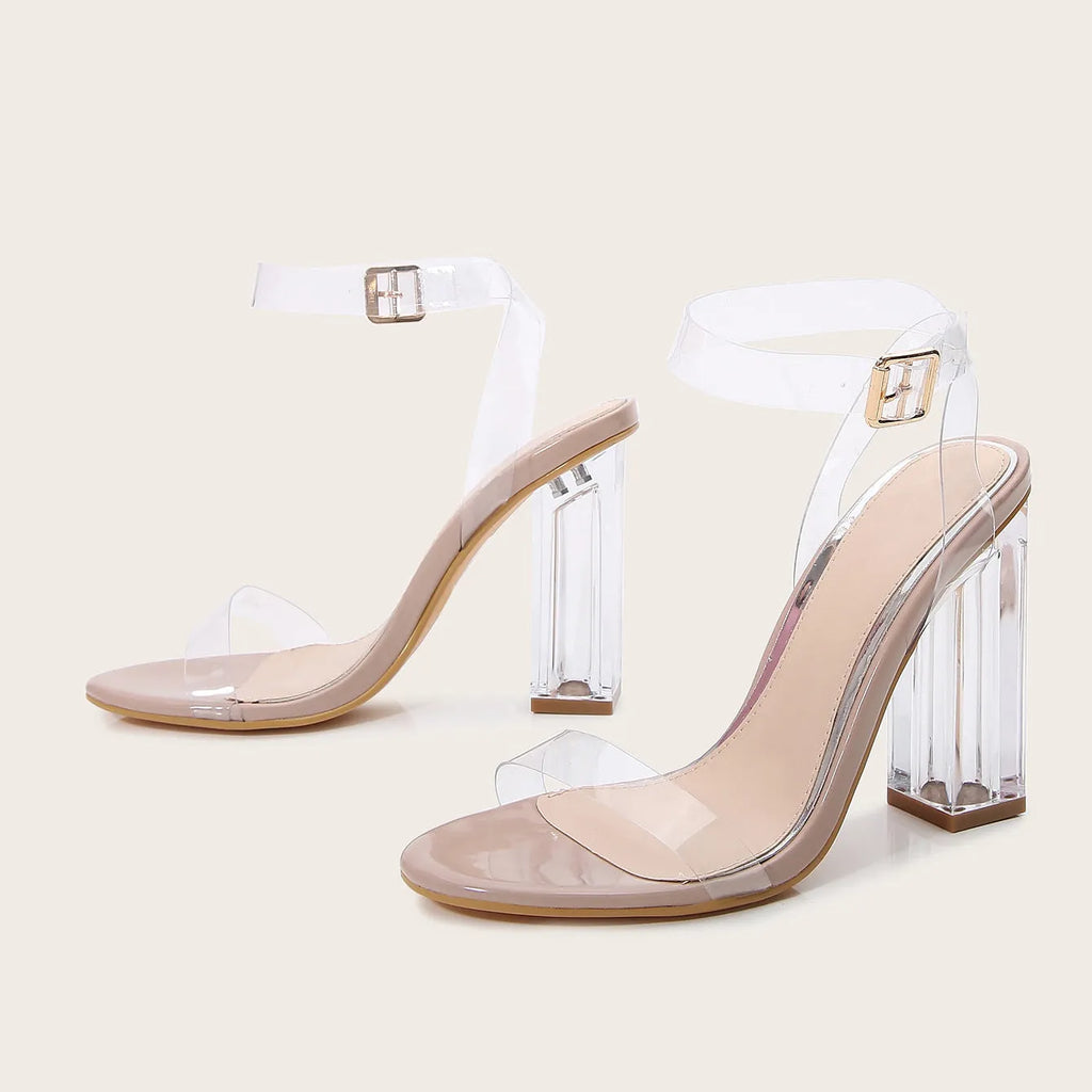 Women's apricot high heels with glass heel, round toe, and buckle fastening on melamine sole
